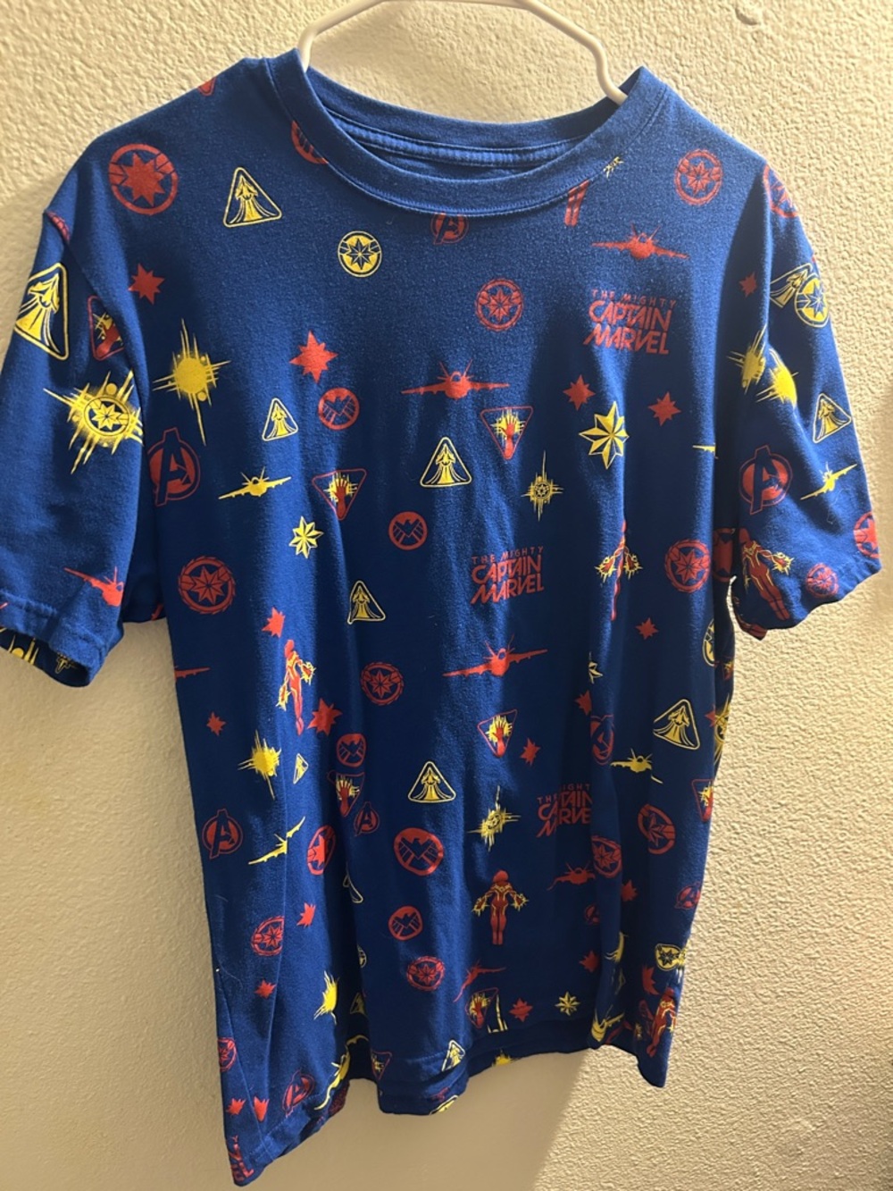 Captain Marvel Blue Tee with Red & Yellow Superhero Icons